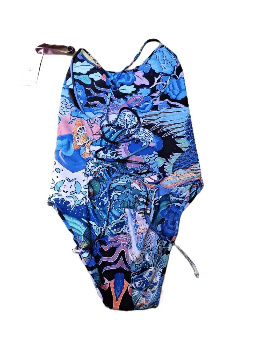 HALE BOB One-piece Swimsuit Lace-up Criss-Cross Back Sz L Black/Blue Multi